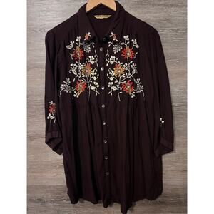 April Cornell tunic blouse Large embroidery brown fall Cottagecore boho Vintage